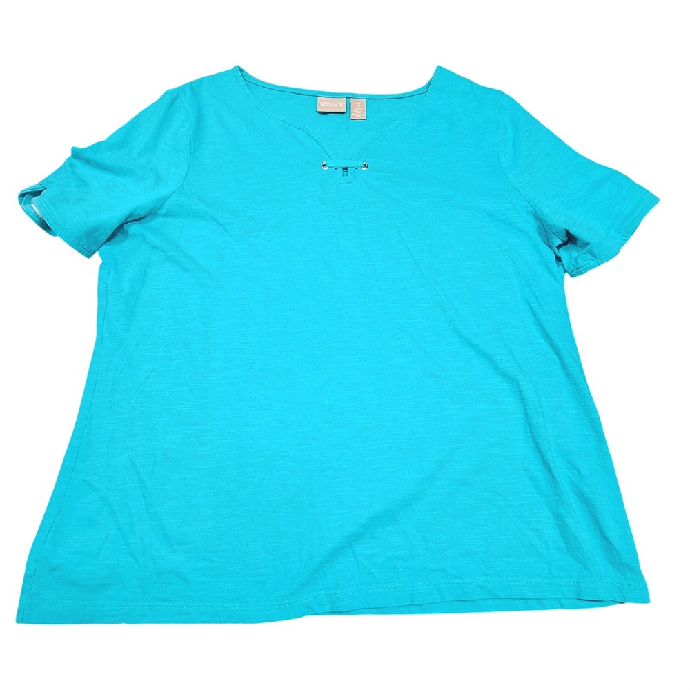 Chicos Turquoise Blue Cotton Slub Knit Top Notched Neck Grommet Detail Size 2 L